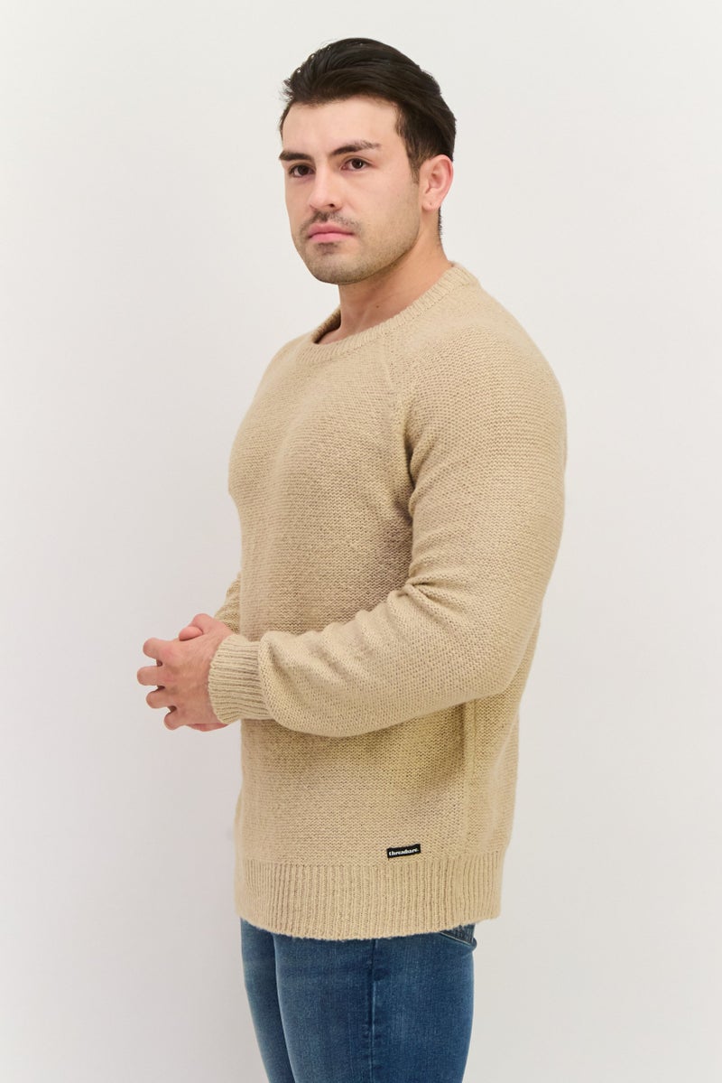Threadbare Men Crew Neck Long Sleeve Knitted Sweater, Beige  - Image 3