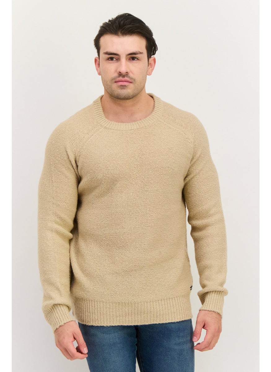 Threadbare Men Crew Neck Long Sleeve Knitted Sweater, Beige  - Image 1