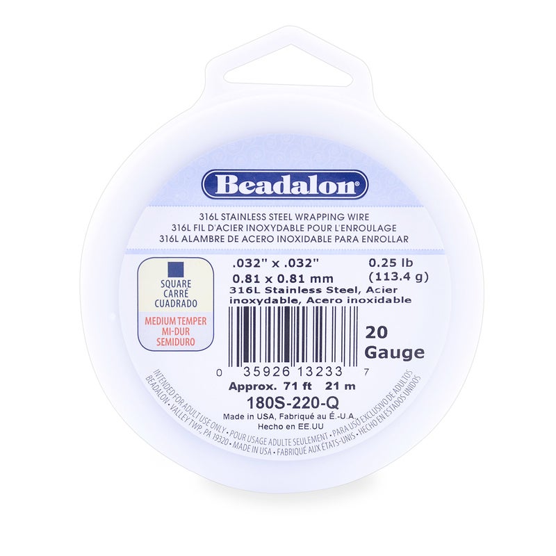 Beadalon 316L Stainless Steel Wrapping Wire Square 20 Gauge 71 feet 14 Pound