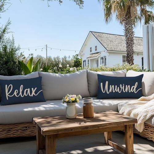 HERHOME Decorative Throw Pillow Covers 12x20 Inch Set of 2 Relax Unwind Navy Blue Outdoor Coastal Spring Summer Front Porch Patio Decor Lumbar Cushion Case Decoration for Home Sofa Couch Living Room - Image 3
