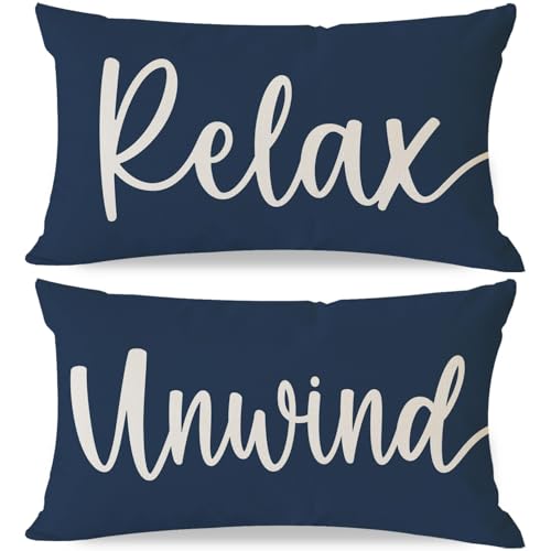 HERHOME Decorative Throw Pillow Covers 12x20 Inch Set of 2 Relax Unwind Navy Blue Outdoor Coastal Spring Summer Front Porch Patio Decor Lumbar Cushion Case Decoration for Home Sofa Couch Living Room - Image 1