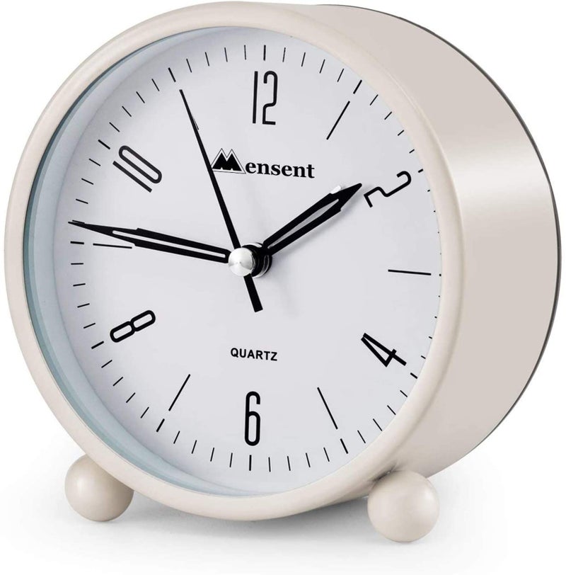 Mensent 4 Inch Round Silent Analog Alarm Clock, Non Ticking, with Night Light, Battery Powered, Simple Design for Office or Bedroom (White) - Image 1