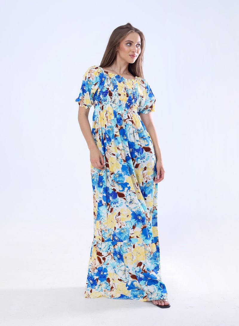 بيبو فستان حريمي طويل مشجر_اصفر & ازرق - Image 1