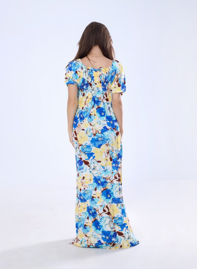 بيبو فستان حريمي طويل مشجر_اصفر & ازرق - Image 2