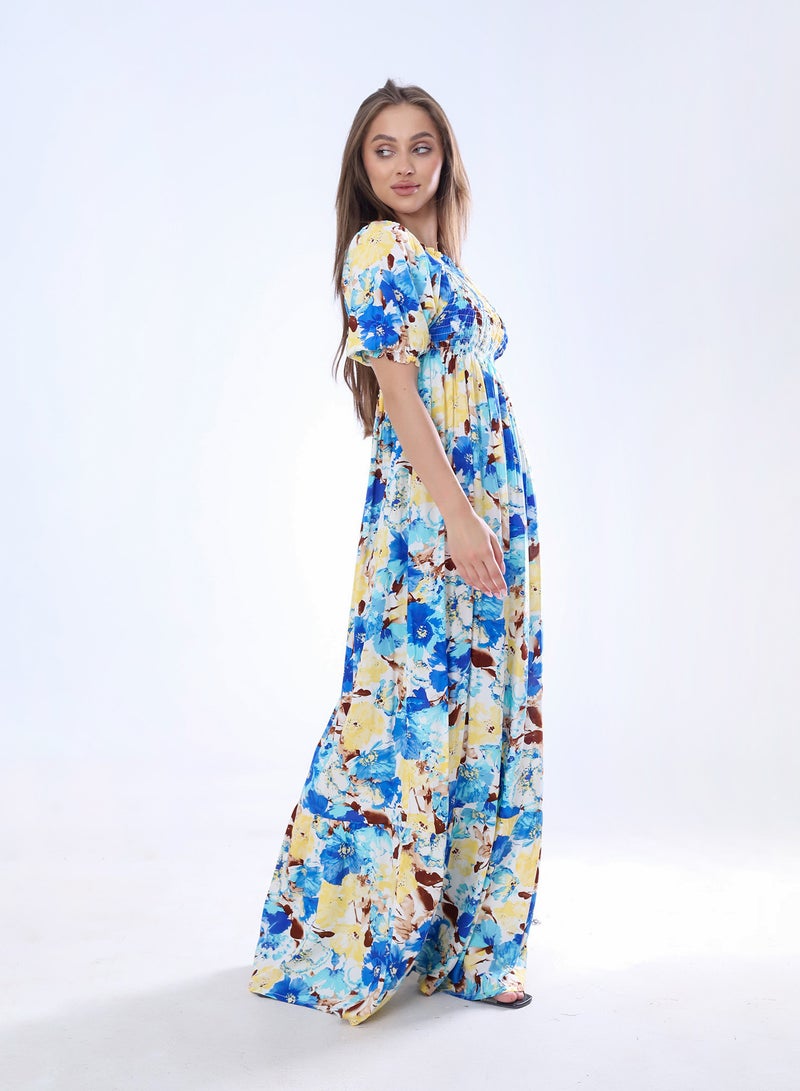 بيبو فستان حريمي طويل مشجر_اصفر & ازرق - Image 3