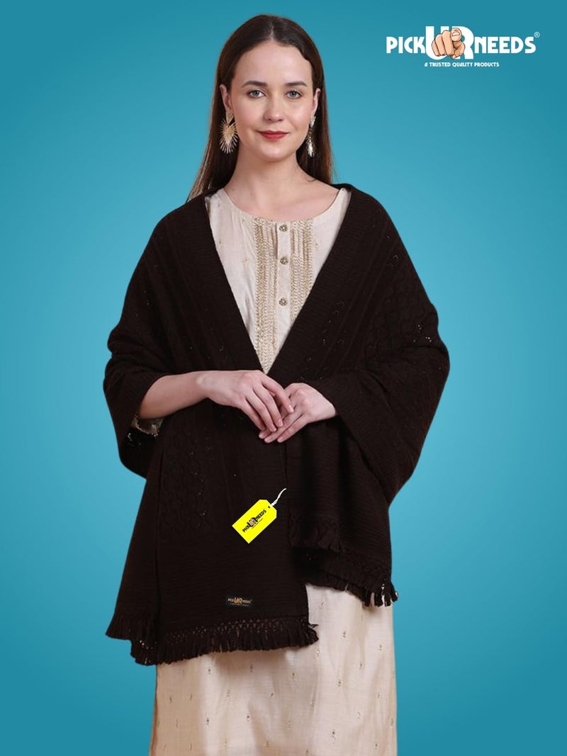 Pick Ur Needs Women’s Premium Knitted Winter Soft Shawl Woolen Warm Stole with Elegant Lace Pattern & Tassels For Girls - Image 2