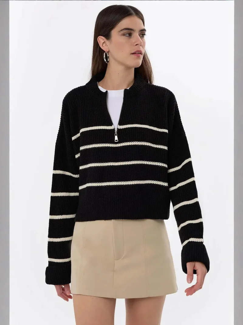 Striped Zippered Knit Sweater