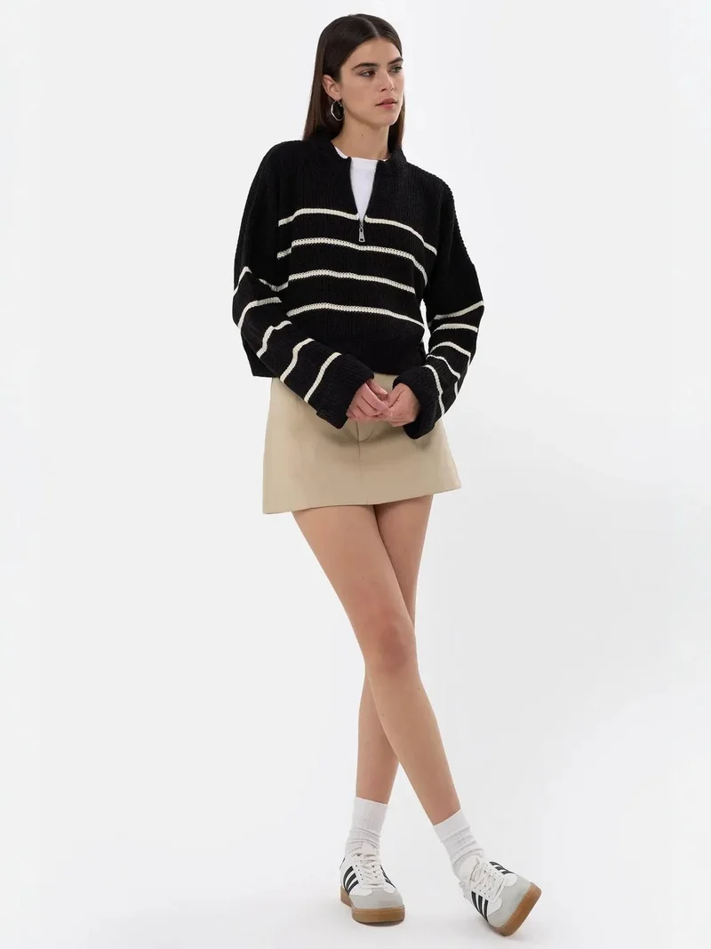 HICCUP Striped Zippered Knit Sweater