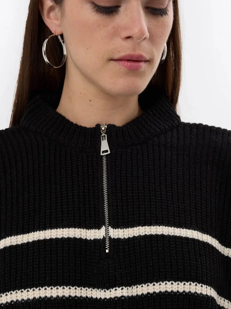 HICCUP Black Striped Zippered Knit Sweater for Women | Best Price UAE