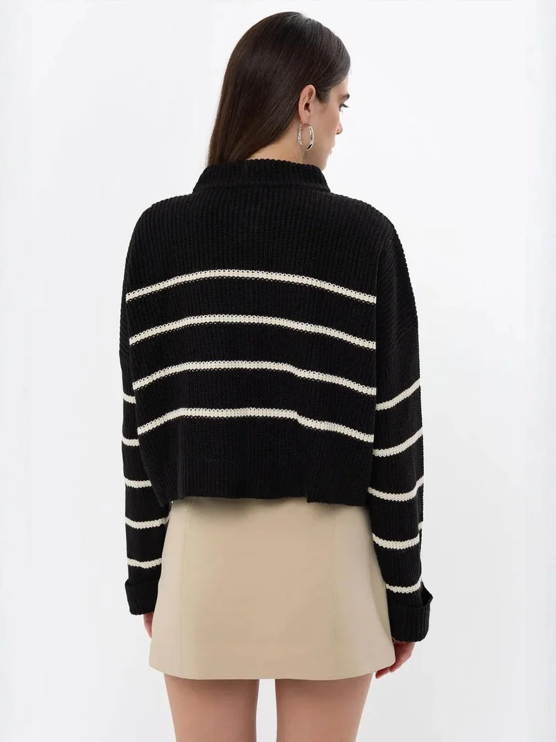 HICCUP Black Striped Zippered Knit Sweater for Women | Best Price UAE