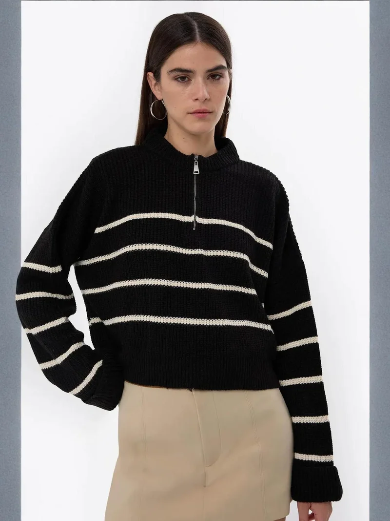HICCUP Black Striped Zippered Knit Sweater for Women | Best Price UAE