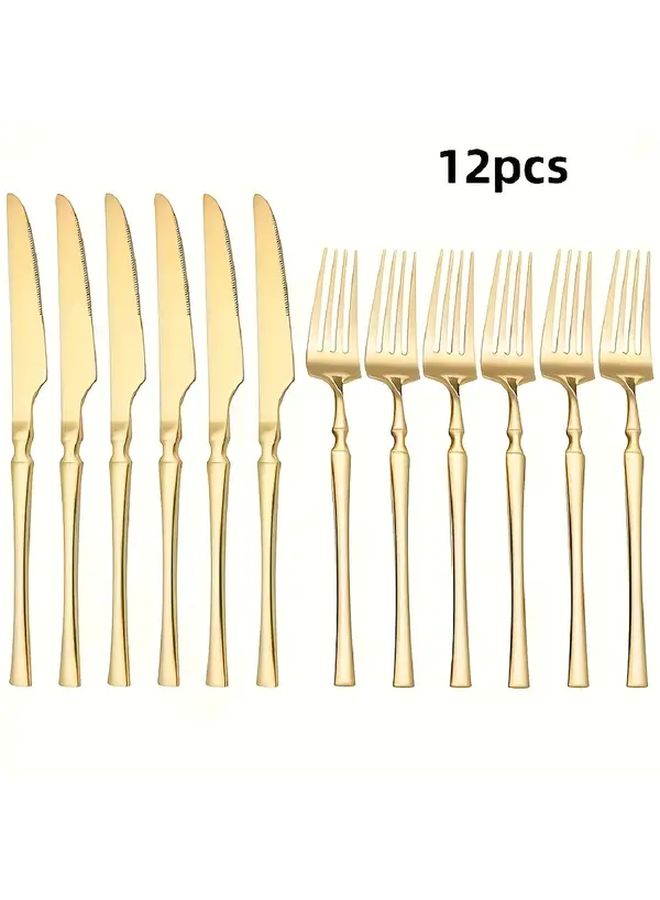 Golden 12 Piece Flatware Set Includes 6 Knives and 6 Forks Polished Stainless Steel Durable Cutlery - Image 1