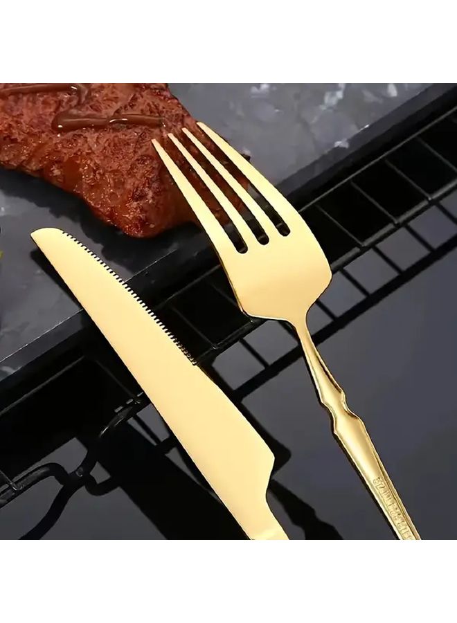 Golden 12 Piece Flatware Set Includes 6 Knives and 6 Forks Polished Stainless Steel Durable Cutlery - Image 2