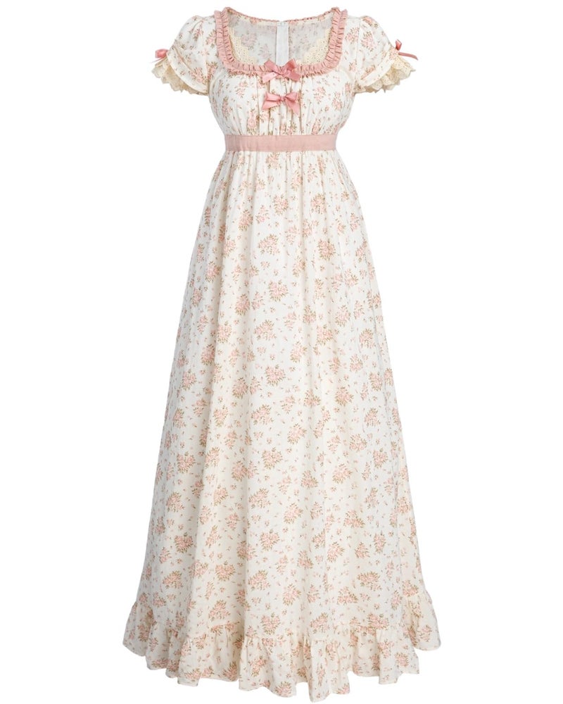 NSPSTT Regency Dresses for Women Floral Victorian Dress Cottagecore Renaissance Costumes L