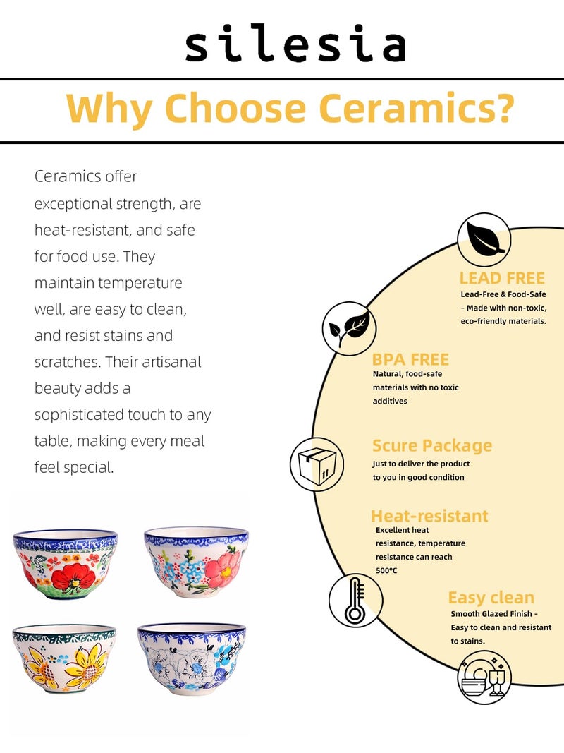 silesia Handmade Bowls Set, 4 oz Ceramic Hand-Painted Small Bowls for Dessert Chili Dipping Sauce,Mini Bouillon Cups Ice Cream Bowls Ramiken in Gift Box, Dishwasher Safe Set of 4, Assorted Flowers - Image 3