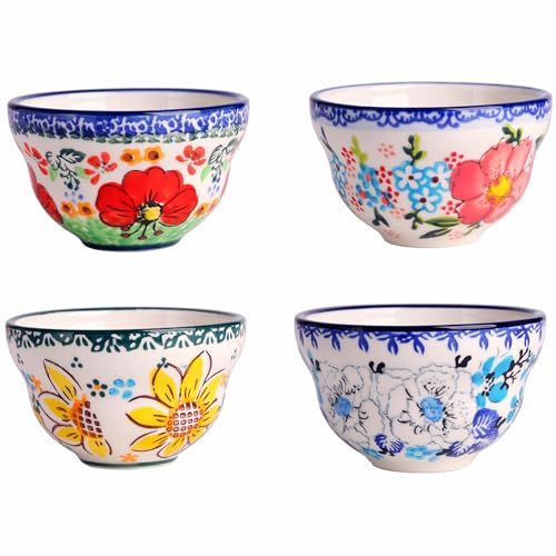 silesia Handmade Bowls Set, 4 oz Ceramic Hand-Painted Small Bowls for Dessert Chili Dipping Sauce,Mini Bouillon Cups Ice Cream Bowls Ramiken in Gift Box, Dishwasher Safe Set of 4, Assorted Flowers - Image 1
