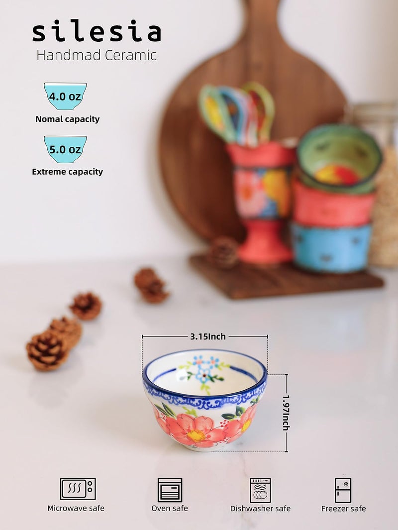 silesia Handmade Bowls Set, 4 oz Ceramic Hand-Painted Small Bowls for Dessert Chili Dipping Sauce,Mini Bouillon Cups Ice Cream Bowls Ramiken in Gift Box, Dishwasher Safe Set of 4, Assorted Flowers - Image 4