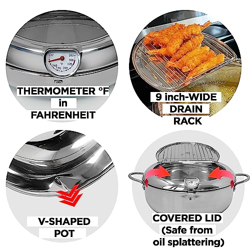 Saltlas Deep Fryer Pot (°F), 11"/4.4Qt (4.2 L) Extra Large Tempura Frying Pot with Lid, 304 Stainless Steel Fry Pot with Fahrenheit Thermometer and Oil Drip Drain Rack - Image 3