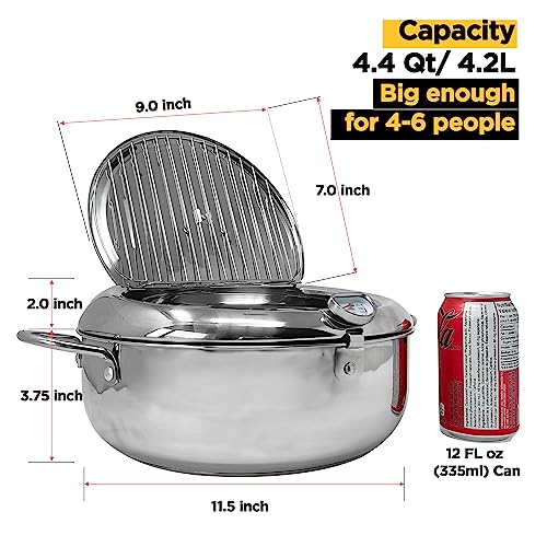 Saltlas Deep Fryer Pot (°F), 11"/4.4Qt (4.2 L) Extra Large Tempura Frying Pot with Lid, 304 Stainless Steel Fry Pot with Fahrenheit Thermometer and Oil Drip Drain Rack - Image 5