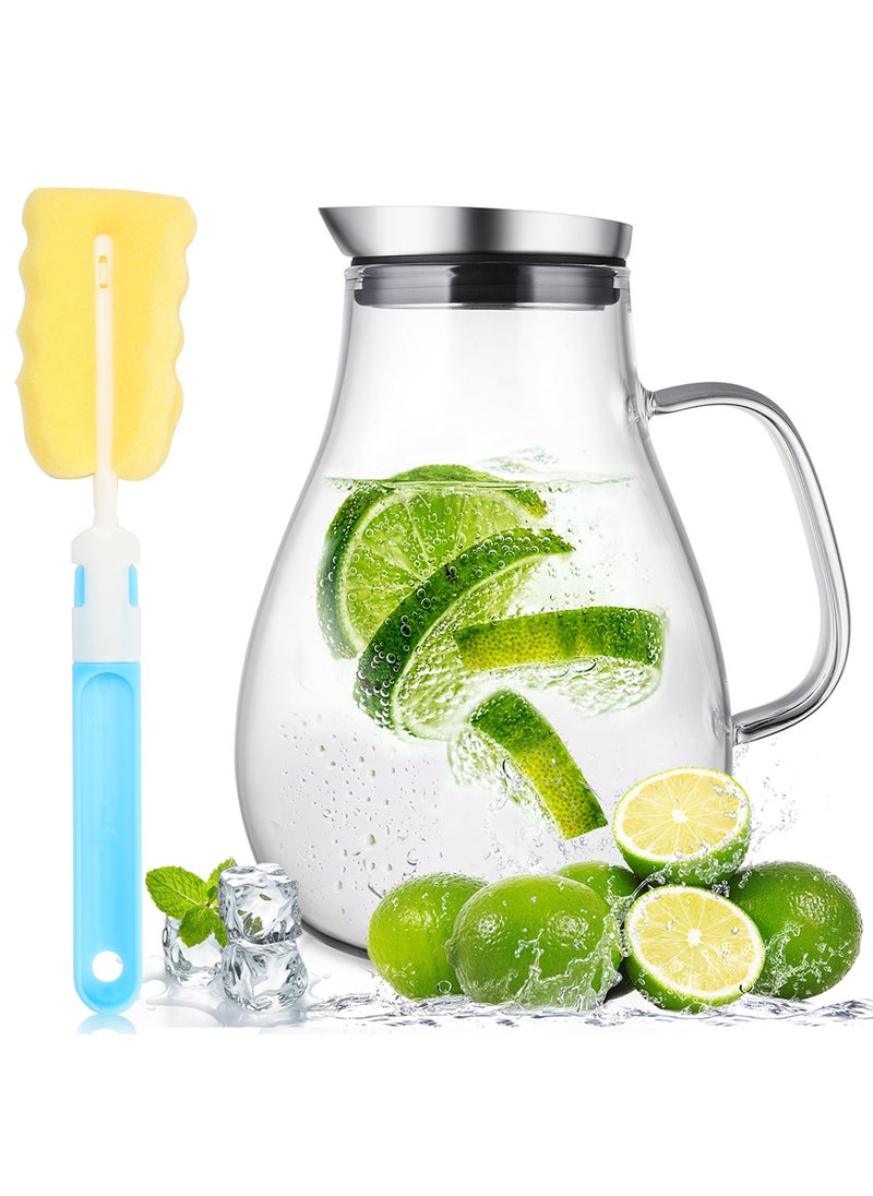 susteas SUSTEAS 2 Liter Glass Pitcher Water Pitcher with Removable Lid And Wide Handle Easy Clean Juice Jug for Fridge Beverage Carafe for ColdHot Water Iced Tea 1 LongHandled Brush Included 