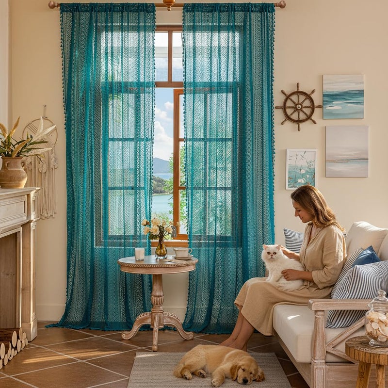 WAZZIO Boho Lace Curtains 84 Inches 2 Panel,Light Filtering Privacy Tassel & Geometry Crochet Semi Sheer Curtain Drapes for Bedroom Living Dining Room,Rod Pocket & Tassel,Coastal Style,Teal - Image 2