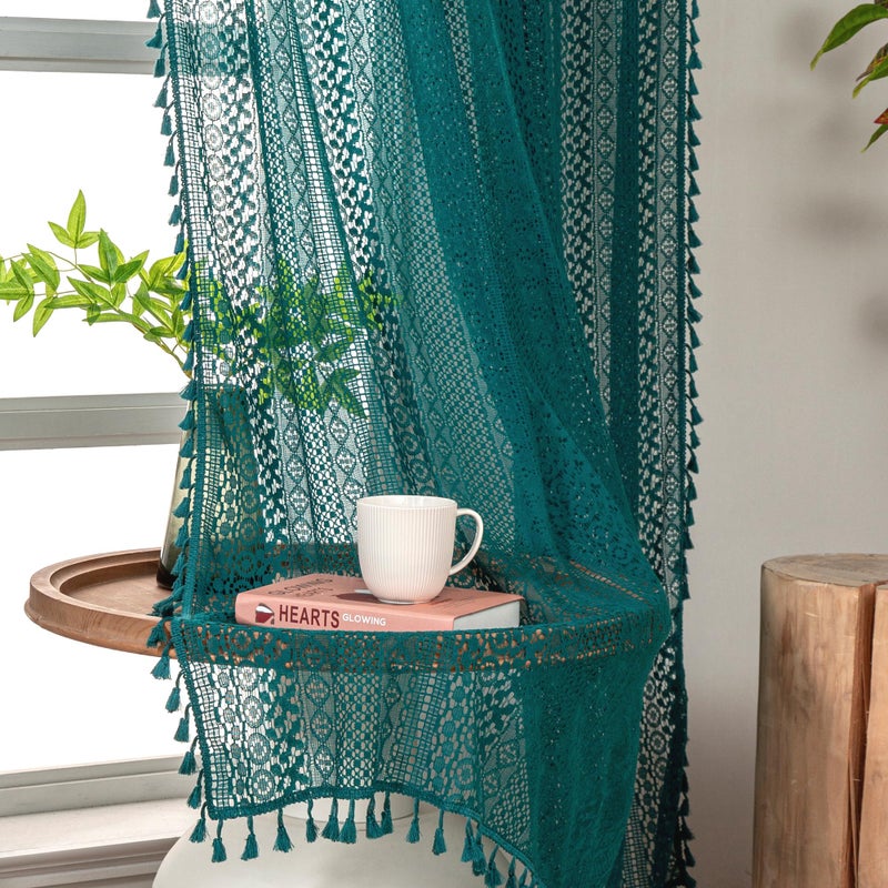 WAZZIO Boho Lace Curtains 84 Inches 2 Panel,Light Filtering Privacy Tassel & Geometry Crochet Semi Sheer Curtain Drapes for Bedroom Living Dining Room,Rod Pocket & Tassel,Coastal Style,Teal - Image 1