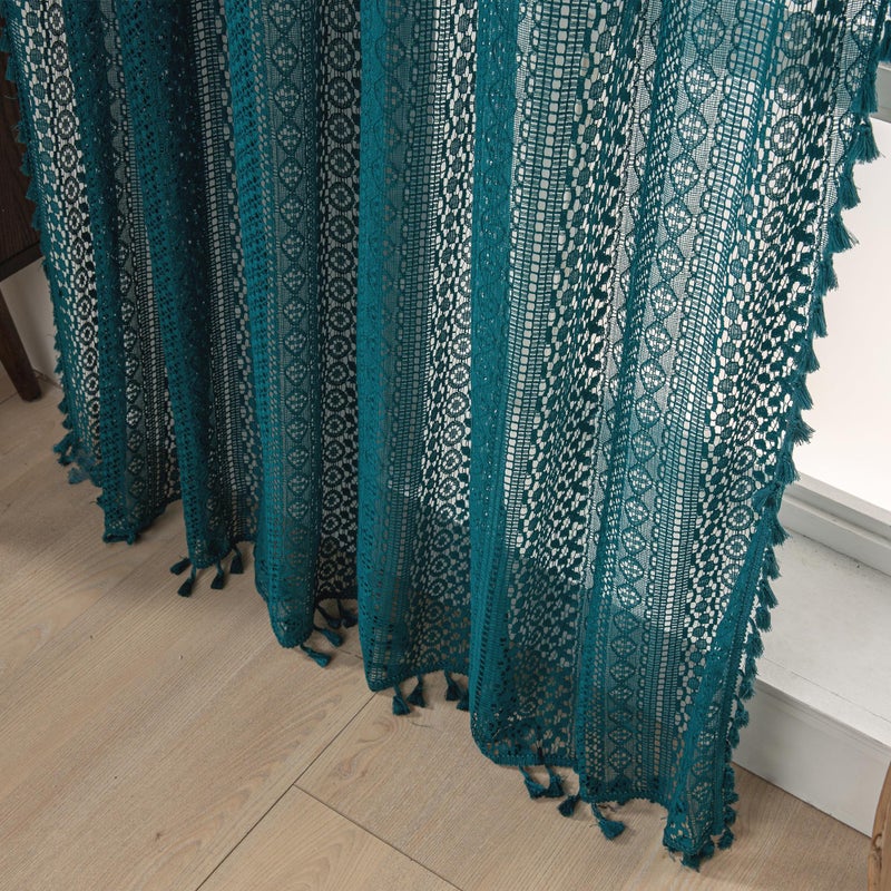 WAZZIO Boho Lace Curtains 84 Inches 2 Panel,Light Filtering Privacy Tassel & Geometry Crochet Semi Sheer Curtain Drapes for Bedroom Living Dining Room,Rod Pocket & Tassel,Coastal Style,Teal - Image 3