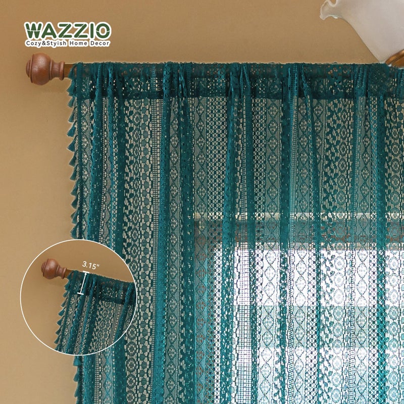WAZZIO Boho Lace Curtains 84 Inches 2 Panel,Light Filtering Privacy Tassel & Geometry Crochet Semi Sheer Curtain Drapes for Bedroom Living Dining Room,Rod Pocket & Tassel,Coastal Style,Teal - Image 4