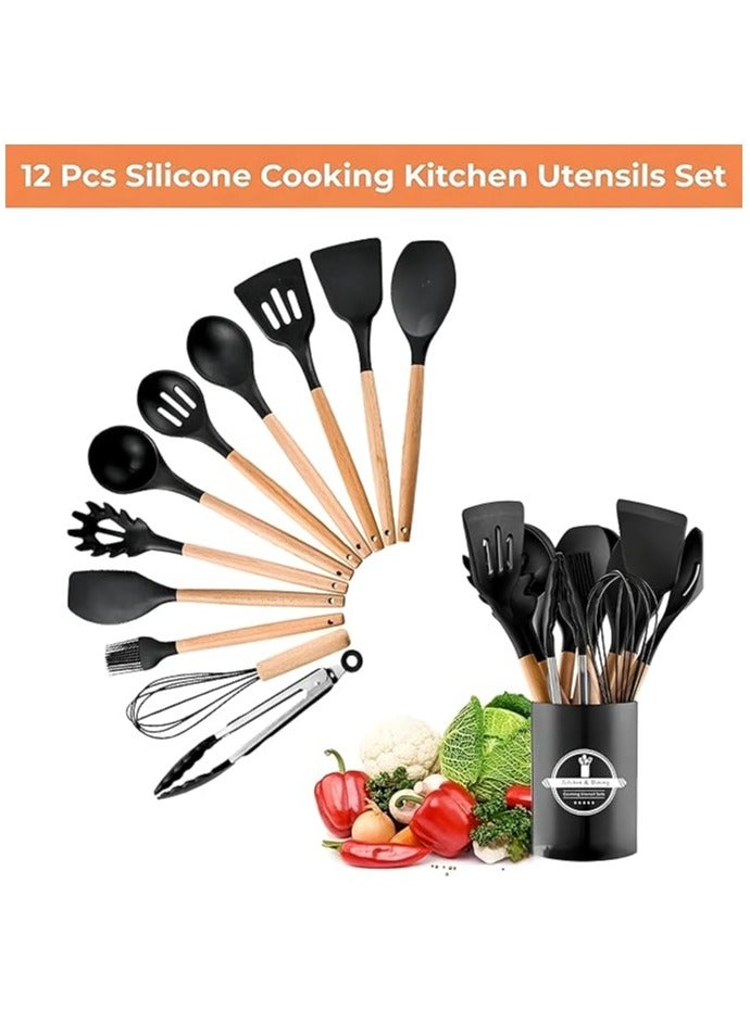 12-piece silicone kitchenware set,Cooking Utensils Set With Wooden Handles Metal Container, Cookware,Kitchen Utensils,Spatula,Silicone Utensils, Nonstick Cookware, Heat Resistance  - Image 1