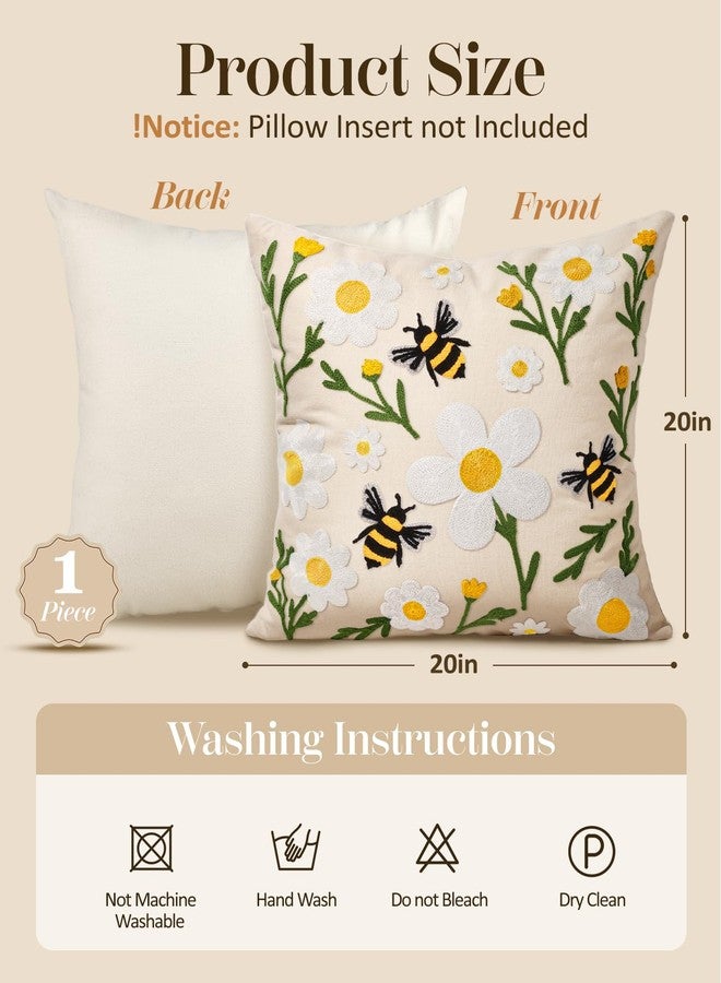 Kokaaee Embroidered Throw Pillow Covers 20x20 Inch - Summer Boho Decorative Pillow Cover with Zipper for Living Room Couch Sofa Bed Aesthetic Design Flower Bee Linen Cushion Pillowcase - Image 4