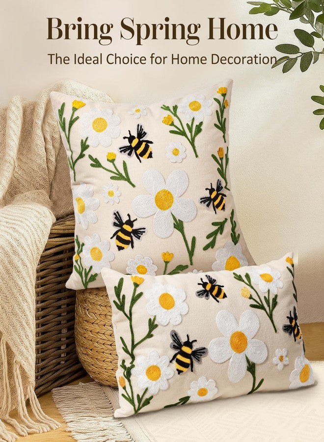 Kokaaee Embroidered Throw Pillow Covers 20x20 Inch - Summer Boho Decorative Pillow Cover with Zipper for Living Room Couch Sofa Bed Aesthetic Design Flower Bee Linen Cushion Pillowcase - Image 5