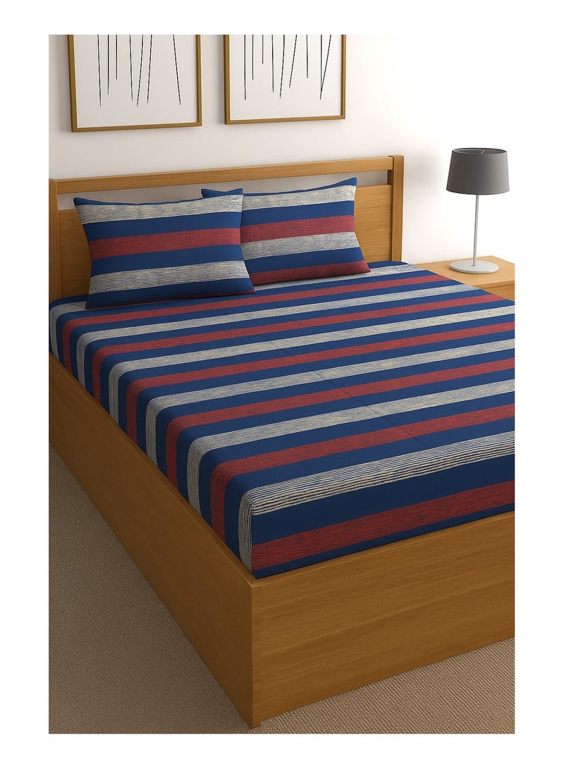 King Size Cotton 144 TC Flat Bedsheet 270 x 240 cm with 2 Pillowcases 75 x 47 cm– Soft & Breathable – Elegant Multi-Color Stripe Design  - Image 1