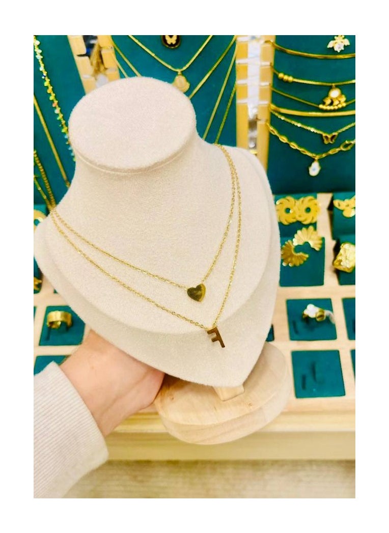 Generic Chain necklace and accessory, gold color, two round heart with the letter F 