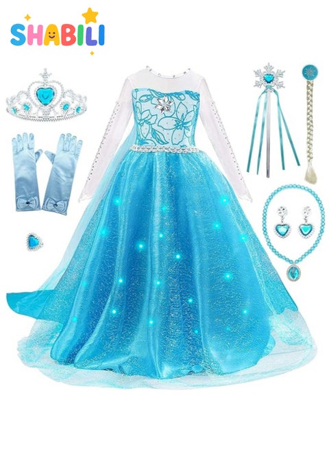 فستان أميرة للبنات بأكمام طويلة وضوء LED مع تاج وعصا وقفازات ومجوهرات – تنكري مثالي لأعياد الميلاد (4-7 سنوات)