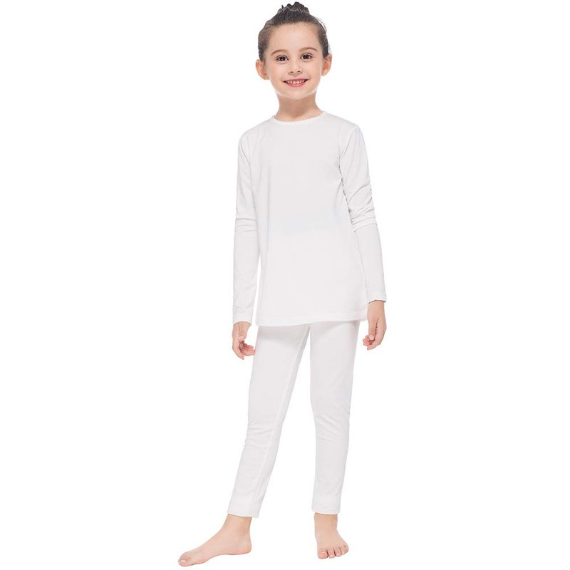 MANCYFIT Thermal Underwear for Girls Fleece Lined Long Johns Set Kids Base Layer Ultra Soft White Small