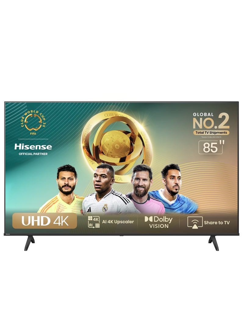 Hisense 85 Inch Smart TV 4K UHD LCD Dolby Vision, Natural Colour Enhancer,VIDAA U5 OS, Youtube, Netflix, Disney +, Freeview Play and WiFi, Voice Command 85A62N black - Image 1