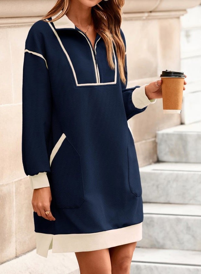 Wenrine Women's Oversized Sweatshirt Dress Half Zip V Neck Long Sleeve Contrast Fall Casual Mini Dresses, Navy, L - Image 3
