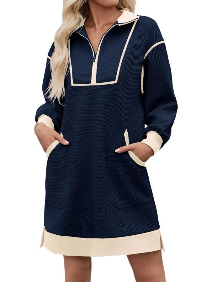 Wenrine Women's Oversized Sweatshirt Dress Half Zip V Neck Long Sleeve Contrast Fall Casual Mini Dresses, Navy, L - Image 1