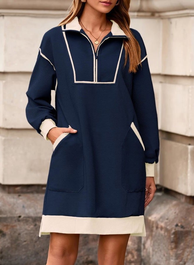Wenrine Women's Oversized Sweatshirt Dress Half Zip V Neck Long Sleeve Contrast Fall Casual Mini Dresses, Navy, L - Image 2