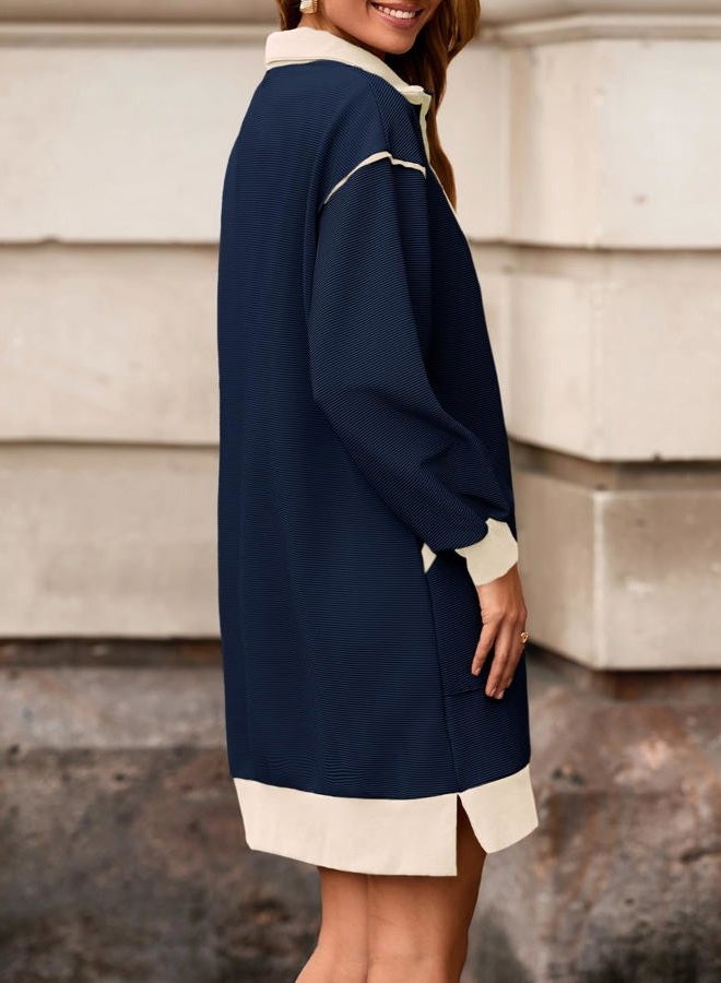 Wenrine Women's Oversized Sweatshirt Dress Half Zip V Neck Long Sleeve Contrast Fall Casual Mini Dresses, Navy, L - Image 4