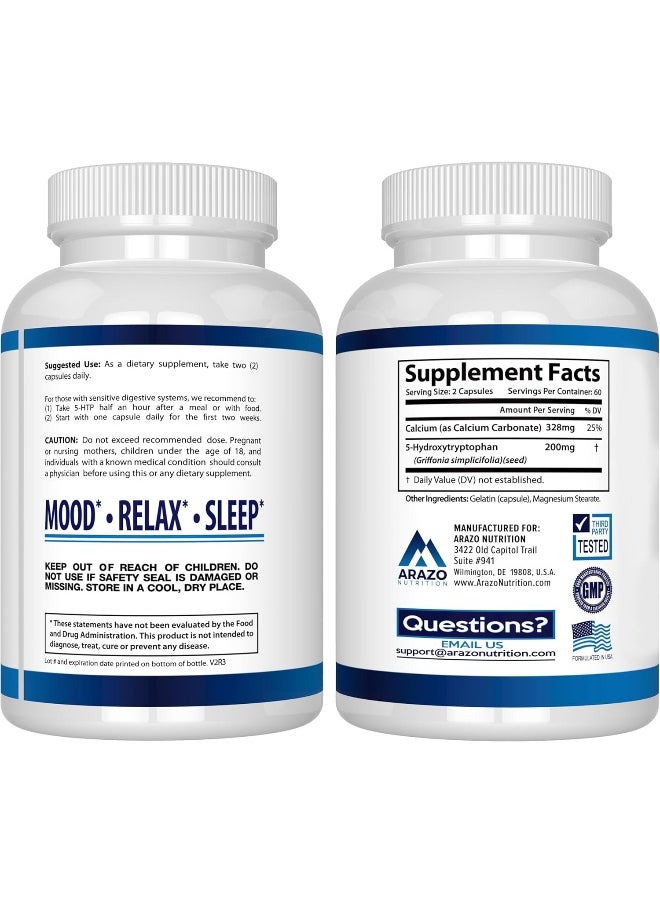 Arazo Nutrition 99% High Purity 5-Htp Plus Calcium For Mood, Sleep, Anxiety - Boosts Serotonin Production - 200Mg, 120 Capsules  - Image 3