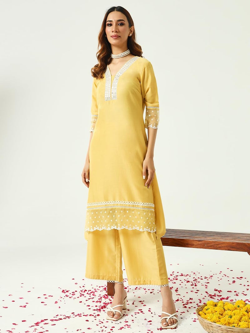 FIORRA Women's Silk Blend Straight Embroidered Kurta Palazzo With Dupatta Set - Image 3
