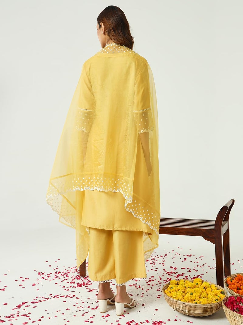 FIORRA Women's Silk Blend Straight Embroidered Kurta Palazzo With Dupatta Set - Image 2