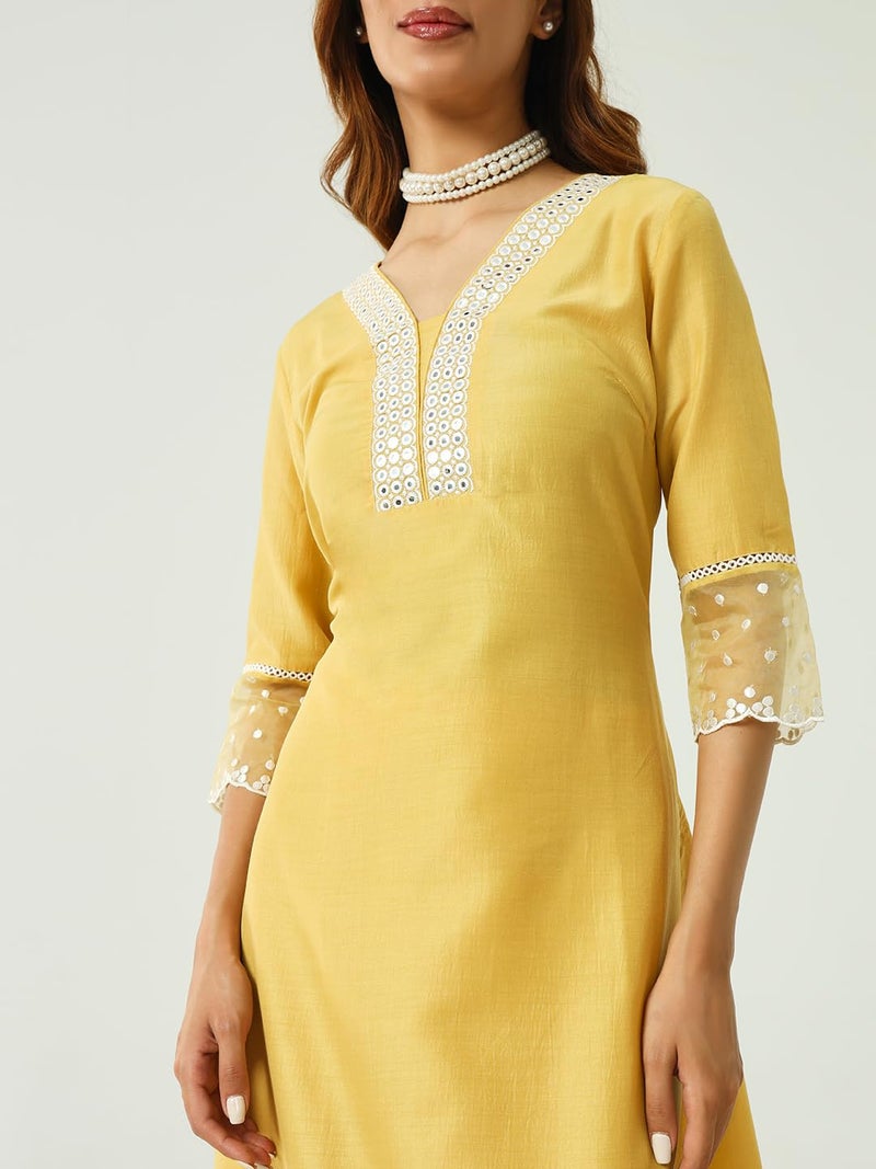 FIORRA Women's Silk Blend Straight Embroidered Kurta Palazzo With Dupatta Set - Image 4