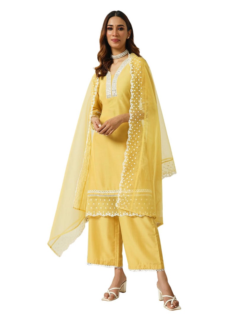 FIORRA Women's Silk Blend Straight Embroidered Kurta Palazzo With Dupatta Set - Image 1