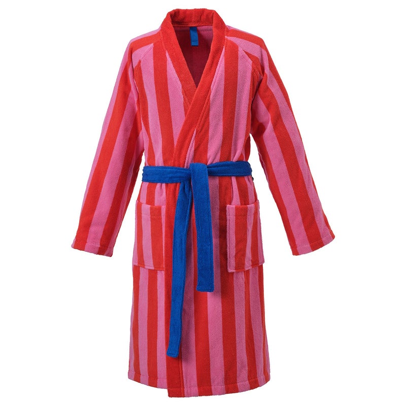 Baitique Cotton Terry Bath Robe, Red-Pink Striped, L/XL - Image 1