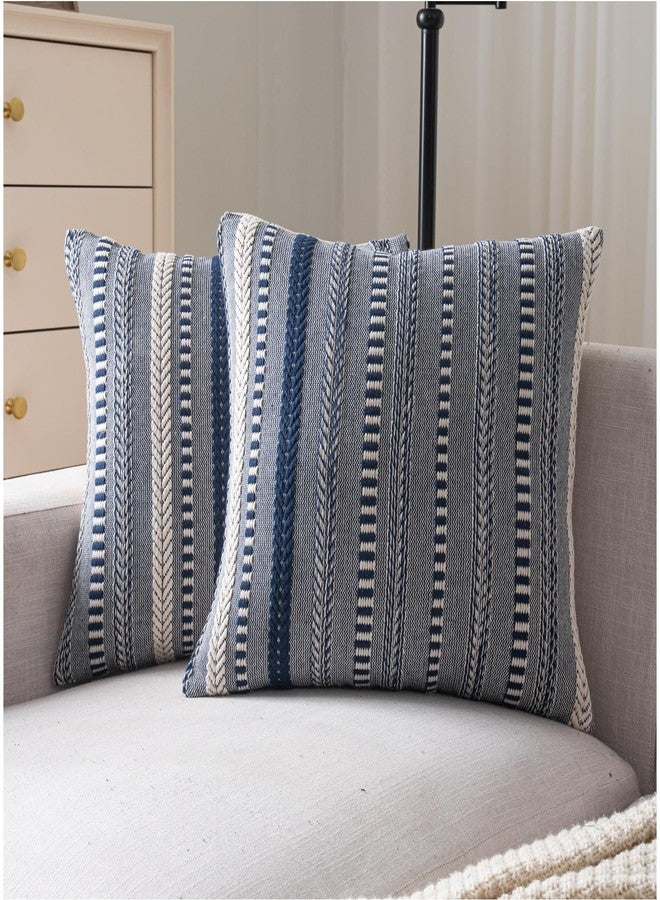 Cethom Boho Throw Pillow Covers 18x18 Inch Set of 2, Farmhouse Decorative Couch Pillow Cases, Navy Blue Accent Pillows of Bed, Sofa Bedroom Living Room Home Decor Cushion Cover - Image 1