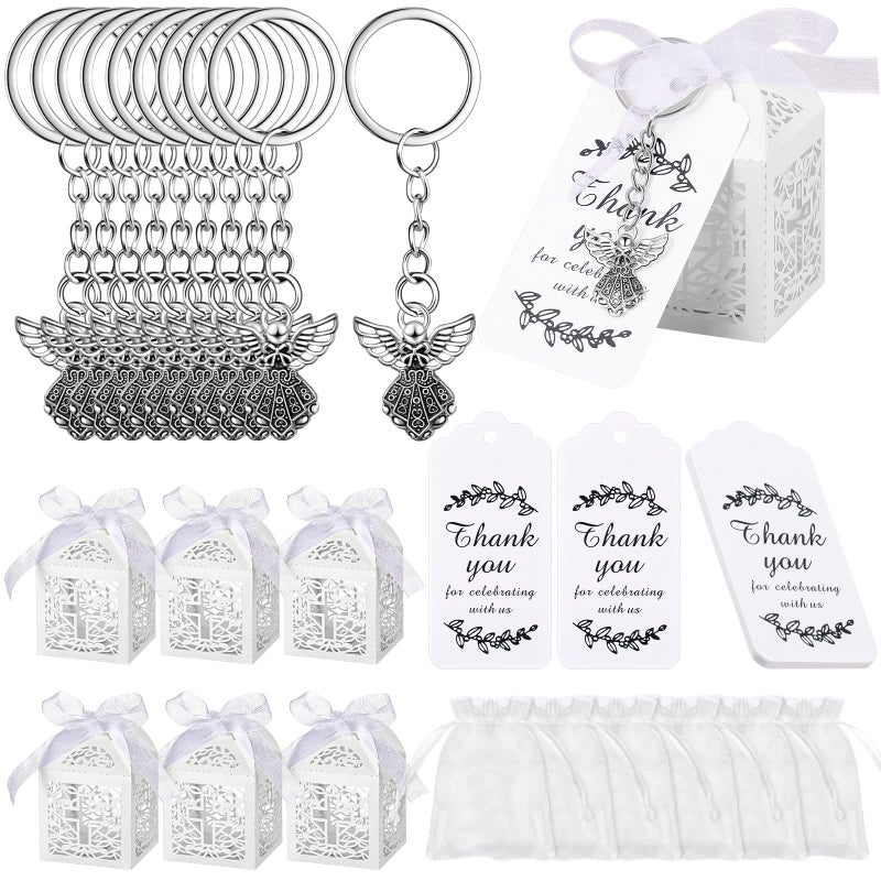 Bonuci 120 Pieces Baptism Party Favors Angel Keychain Pendant First Communion Party Boxes White Organza Bags with Drawstring Thank You Tags for Guests Baby Shower 30 Sets
