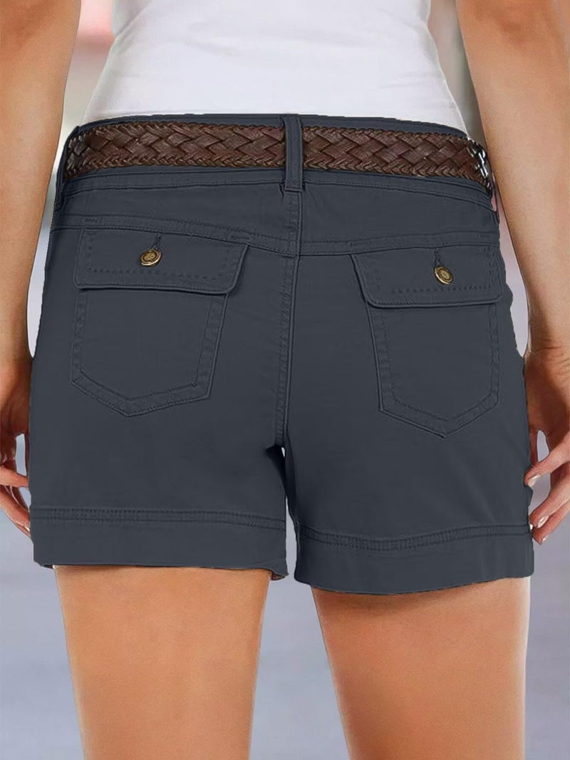 Flamingals Women's Mid Waist Solid Split Side Flap Pocket Casual Shorts Grey L - Image 3