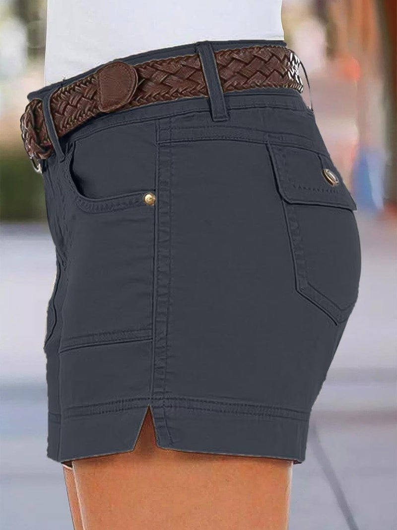 Flamingals Women's Mid Waist Solid Split Side Flap Pocket Casual Shorts Grey L - Image 2